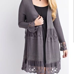 Cardigan with Lace and Rhinestones-Charcoal